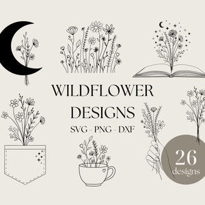 Wildflower SVG bundle featuring floral line art, moon, herbs, book, and bouquet icons
