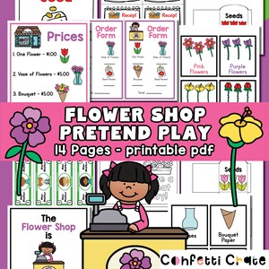 Colorful flower shop pretend play printable set with four activity pages