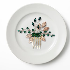 Gold and emerald green flower leaf hair comb with jeweled center and 3 pins