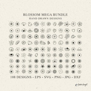 Floral plotter file bundle with 108 hand-drawn blossom and flower SVG/DXF/PNG designs