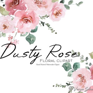Dusty Rose floral clipart: pink blush roses with green eucalyptus leaves on white