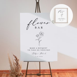 Minimalist Flower Bar sign with floral line art and text on a standing easel