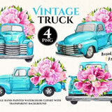 4 Vintage blue pickup truck Watercolor clipart Sublimation designs. Watercolor clipart pick up truck. Farm clipart old truck watercolor