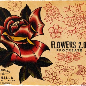 Floral artwork with red-orange roses, dark leaves, and 'Flowers 2.0' title