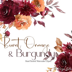 Fall watercolor floral clipart: burnt orange & burgundy flowers, leaves, and text