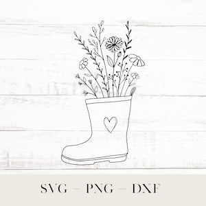 White outline rain boot illustration with wildflower stems and blossoms in pot