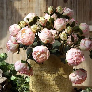 Cream and blush artificial peony stems, dried-look bouquet for home decor