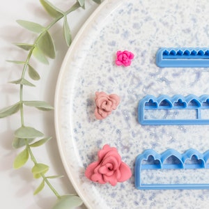 Blue flower embossing polymer clay cutters set with three 3D printed flower shapes