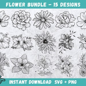 Digital flower bundle with 15 line-art wildflower SVG/PNG designs