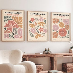 Set of 3 framed botanical flower art prints with floral and line artwork