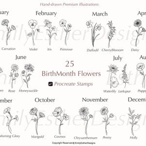 Birth month flower stamp sheet with outlined floral icons for each month