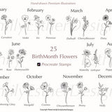Birth Month Flower Stamps |Procreate Flower Stamps | Procreate Birth Month Flowers| Procreate Brushes | Floral Stamp | Commercial use stamps