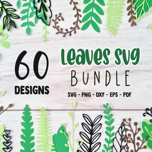 Leaf SVG bundle with 60 assorted leaf illustrations in green, black, and brown