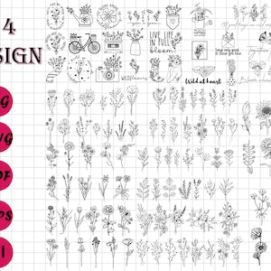 Floral wildflower SVG bundle with black line botanical drawings on white sheet