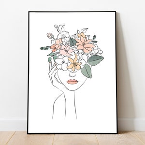Minimalist line art poster of woman face with bouquet flowers, modern floral print