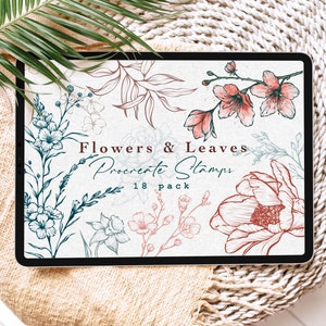 Floral and leaf stamp brush pack cover with botanical line drawings, 18 pack