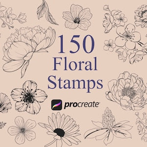 Floral Procreate botanical stamp set with 150 flower and leaf designs, assorted outlines