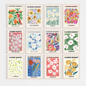 Floral wall art set of 12 prints with city labels and colorful flower market illustrations