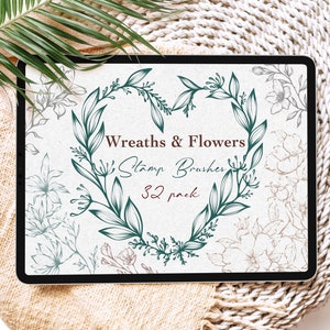 Floral wreath stamp brush set with teal botanical frame, 32 pack shown