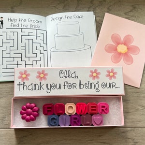 Mini flower girl thank-you coloring book set with crayons in pink box