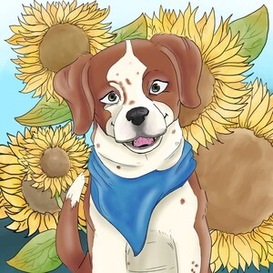 Custom pet portrait: brown-and-white dog with blue bandana, surrounded by sunflowers