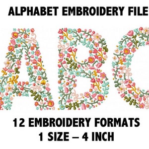 Floral alphabet embroidery design file with colorful stitched letterforms, 4-inch size
