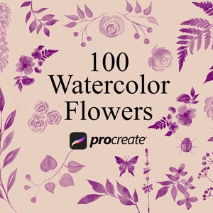 Watercolor flower brush set cover with purple floral stamps for Procreate, 100 designs