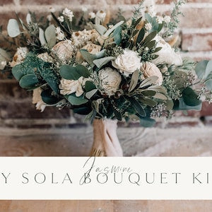 Sola wood flower bouquet DIY kit with white blossoms and green leaves