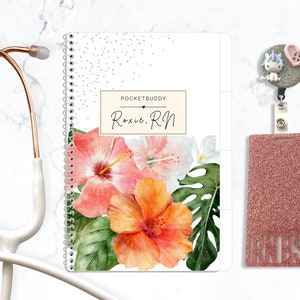 Reusable nurse report notebook, PocketBuddy Rx & RN with tropical flower cover and spiral