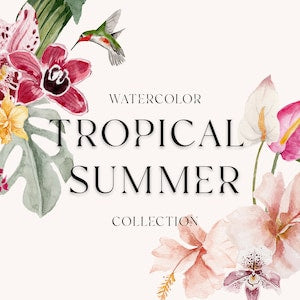 Tropical Watercolor Floral Clipart - Tropical Flowers - Tropical Leaves - Exotic Clipart - Watercolor Summer Clipart - Summer - Hibiscus