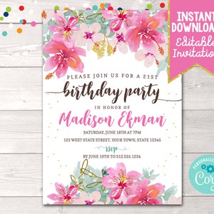 Pink watercolor floral birthday party invitation card with editable event text