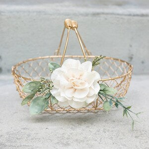 Champagne gold metallic flower girl basket with wire handle, white flower and green leaf decor