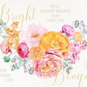 Watercolor floral bouquet clipart with pink peonies, orange and purple flowers, and green leaves