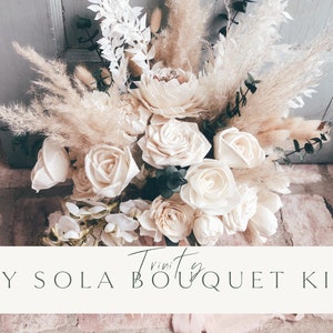 DIY wood flower bouquet kit with cream sola wood roses and green leaves