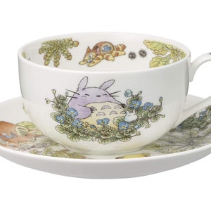 Bone china tea cup and saucer set with Totoro and forest flowers