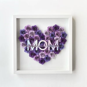 Heart flower box with purple roses, “MOM” lettering, in a white frame
