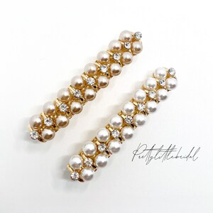 Faux pearl and rhinestone flower hair clips, gold-tone beaded barrette