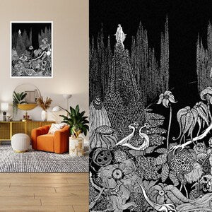 Framed vintage monochrome botanical wall art print with horse and floral details