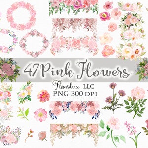 Pink watercolor floral clipart bundle with wreaths, bouquets, drops and assorted elements