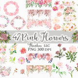 Pink Flowers PNG, Watercolor Floral Clipart Bundle of 47, Includes Bouquets, Wreaths, Drops and Elements, Small Commercial Use