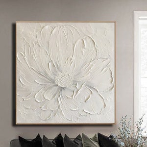 Framed textured white flower oil painting on canvas with raised 3D petals