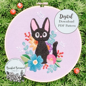 Lilac embroidery PDF pattern with black cat face and colorful floral bouquet