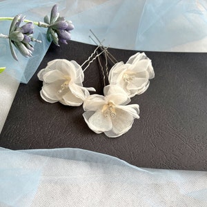 Ivory silk floral bridal hair pins with three chiffon flower clips