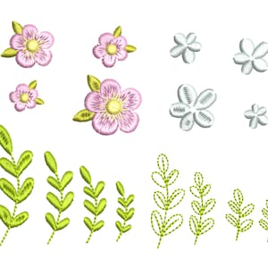 Flower and leaf machine embroidery design set with mini embroidered motifs, assorted sizes