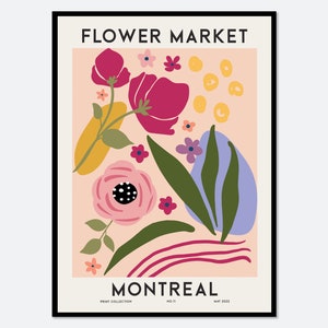 Colorful botanical art print poster with flowers and text 'FLOWER MARKET' and 'MONTREAL'