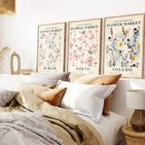 Set Of 3 Flower Market Prints, Boho Flower Art, Bedroom Wall DŽcor, Living Room Print, Vintage Exhibition Mid Century Modern Art Prints