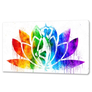 Colorful watercolor lotus flower canvas wall art with yoga pose silhouette, rectangle