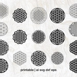 Circular flower-of-life line patterns, black outline set, laser-cut SVG wall art