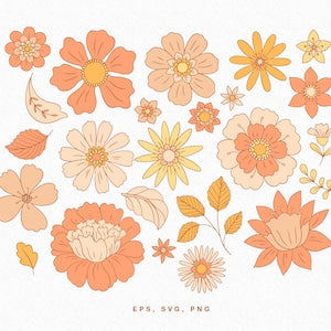 Retro floral clip art set with orange, peach, and cream flowers and gold leaves