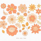Retro Flowers Clip Art (SVG, PNG, EPS), vector illustration, digital download & printable, 70s Flowers Clipart, Floral svg, Leaves svg